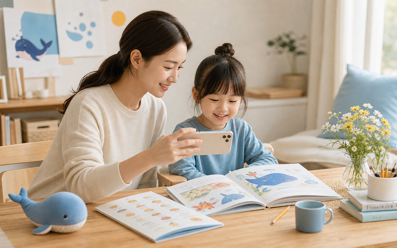 A parent helping a child capture everyday English