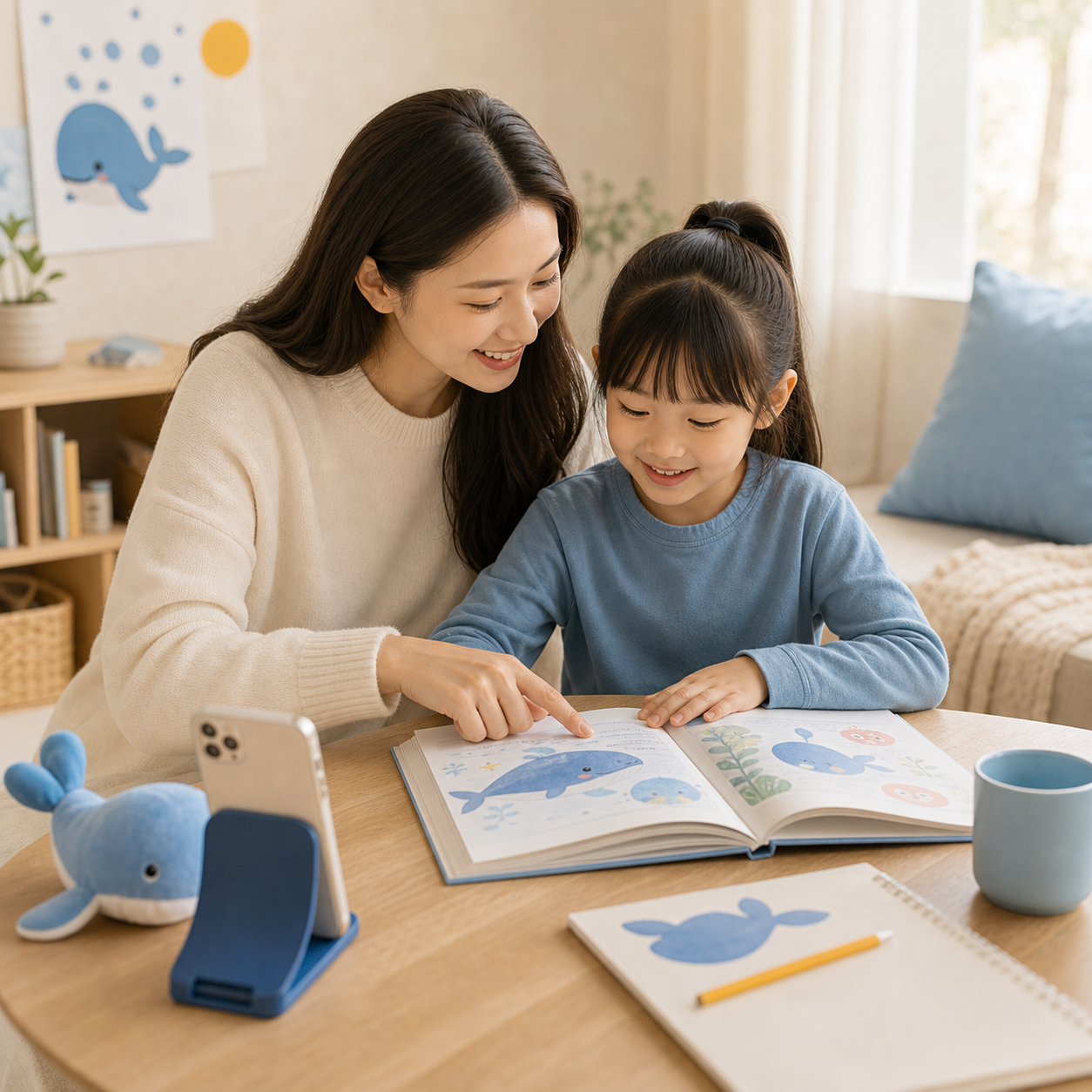 Parent reading an English picture book with a child