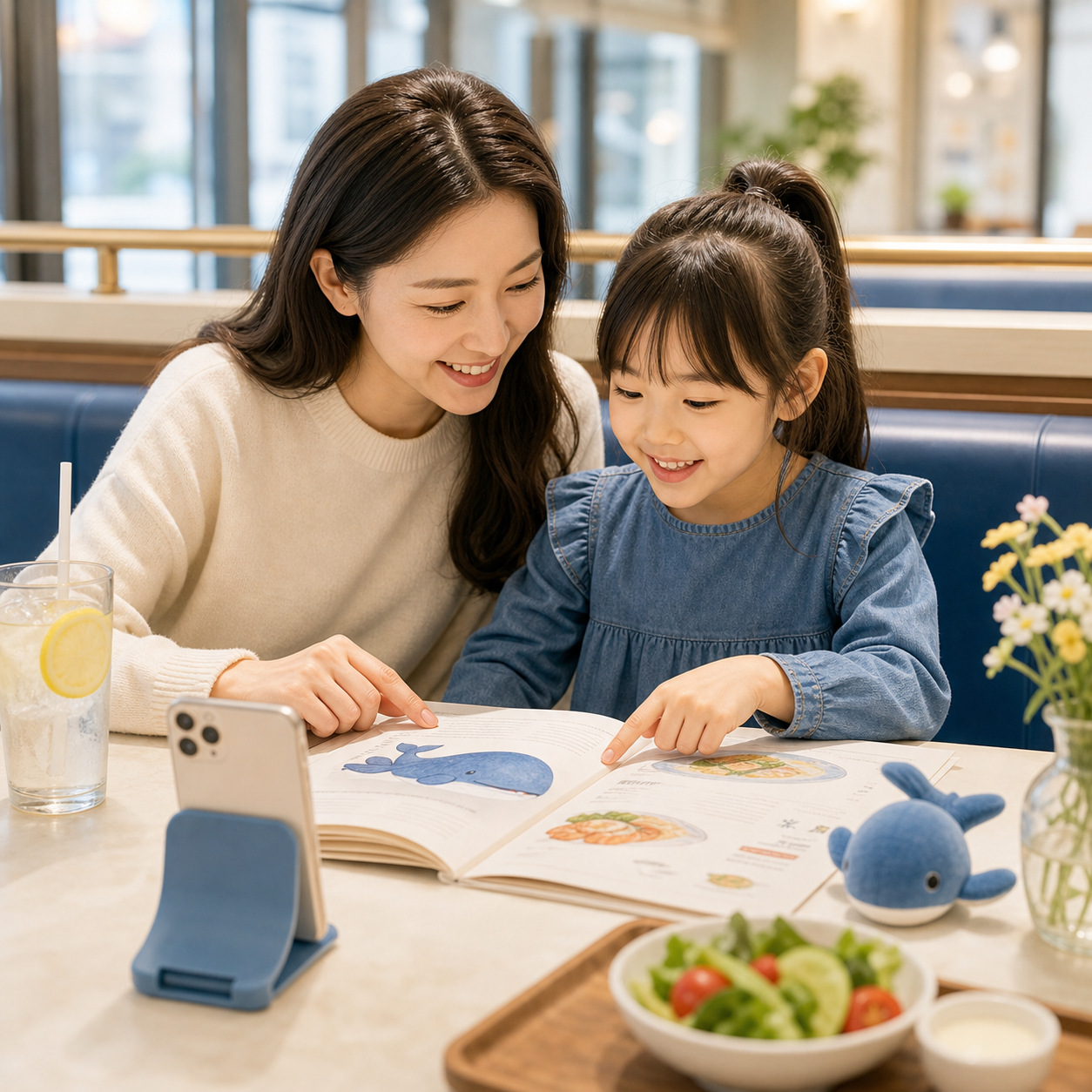Parent and child looking at an English restaurant menu