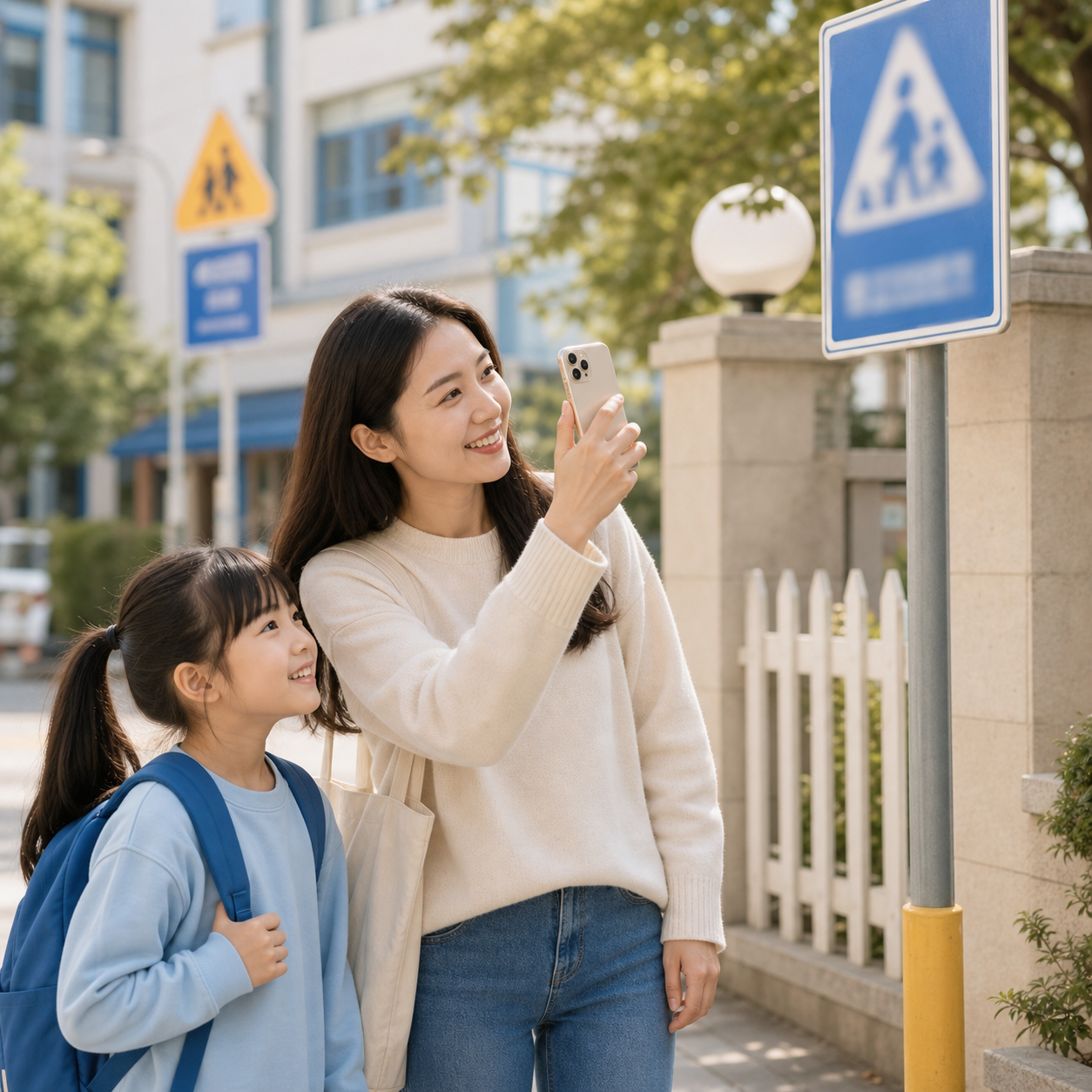 Parent and child noticing English signs outside