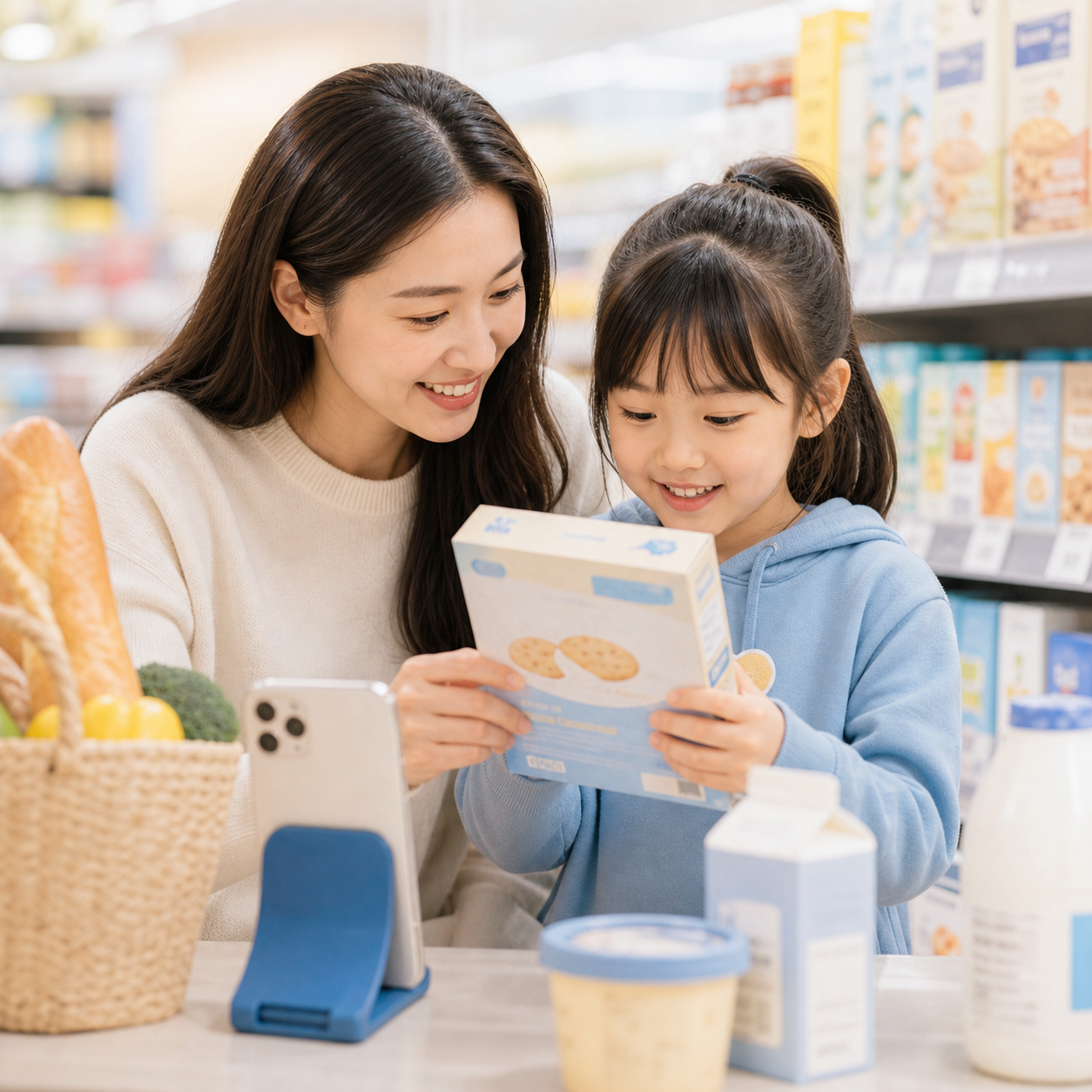 Parent and child looking at English on supermarket packaging