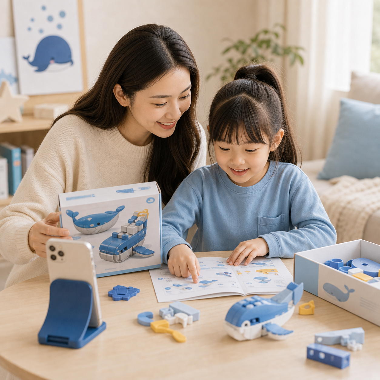 Child and parent looking at toy instructions